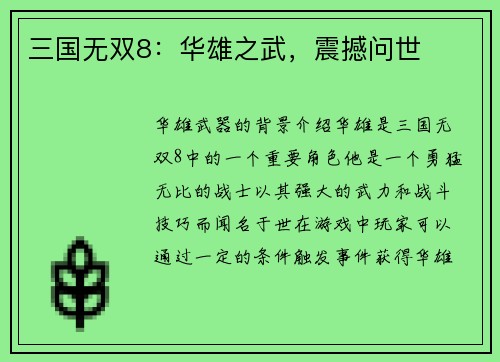 三国无双8：华雄之武，震撼问世